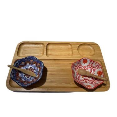 Imagem de Petisqueira de bambu GR com alça couro 2 mini bowl espatulas - Pracaza