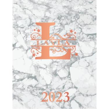 Imagem de Layla 2023: Personalized Name Weekly Planner Diary 2023. Monogram Letter L Notebook Planner. White Marble & Rose Gold Cover. Datebook Calendar Schedule