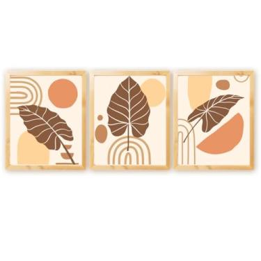 Imagem de Kit 3 Quadros Decorativos Folhagem Abstrato Geométrico Galhos Plantas Boho c/Moldura Natural 30x40cm (Kit 09)