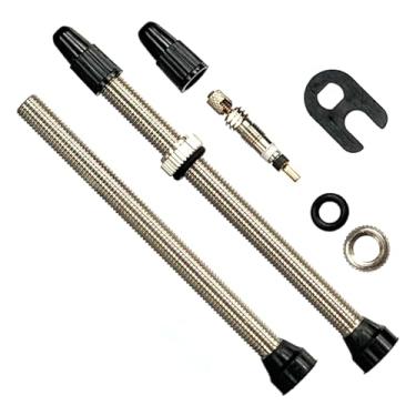Imagem de NeoPRO Conjunto de haste de válvula Presta sem câmara de ar 40/60/65/80/100 mm com ferramenta de remoção de núcleo de valor e tampas de haste de válvula (par) serve na maioria dos aros sem câmara de ar de bicicleta (prata (feito de latão), 80 mm)