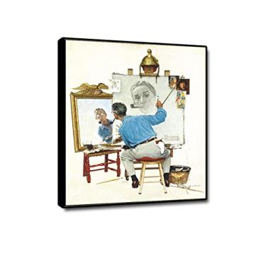 Imagem de Impressões de arte famosas emolduradas em preto - Pôster de Norman Rockwell - Arte de parede em tela com autorretrato triplo - reprodução de pinturas famosas - arte de imagens de paisagem para