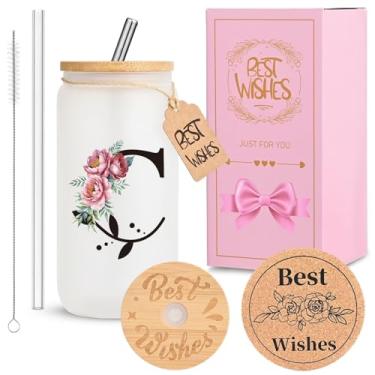 Imagem de HWJH Copo de vidro inicial personalizado para mulheres - copo de vidro à prova de vazamento de 473 ml com tampa e canudos, conjunto de presente monogramado, copo reutilizável fosco fosco para café,