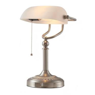 Imagem de Newrays Candeeiro de mesa de banqueiros de vidro fosco branco com plugue de corrente de puxar, base de níquel e areia