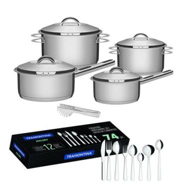 Imagem de Jogo de Panelas Tramontina Aço Inox Solar 4 pçs + Faqueiro Inox Tramon