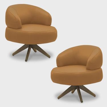 Imagem de Kit 2 Poltronas Decorativas Katy Sala de Estar Base Giratória em Madeira Couro Caramelo G88 - Gran Belo