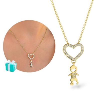 Imagem de Colar Feminino Pingente Coração Filho Cravejado Banhado ouro - Santo E