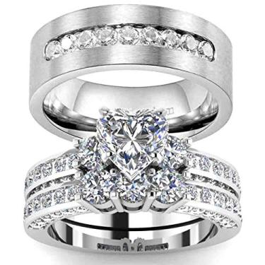 Imagem de RingHeart Anéis de casal, ouro branco, com corte de coração, 2 peças, conjunto de alianças de casamento femininas de aço de titânio, Branco, ouro, titânio, Zircônia cúbica