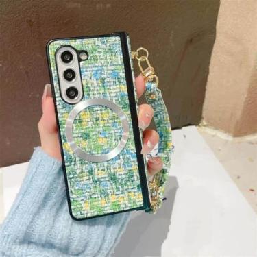 Imagem de Capa de telefone magnética de couro com alça de pulso para Samsung Galaxy Z Fold 6 5 4 3 5G, capa protetora com dobradiça de corda de mão, verde, para Samsung Galaxy Z Fold6