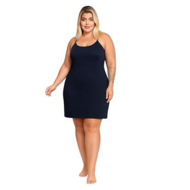 Imagem de Vestido Midi Anágua Plus Size Segunda Pele Tubinho Decote Reto Liso Anti Transparência (BR, Numérico, 48, Plus Size, Preto)