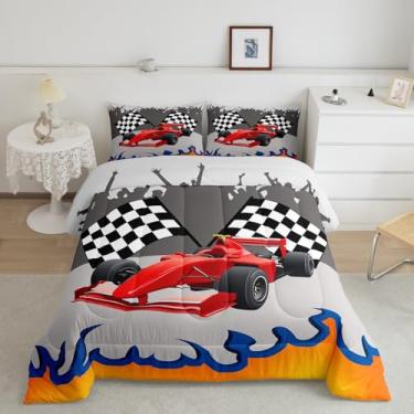 Imagem de jejeloiu Conjunto de cama casal de carro de corrida vermelho, preto e branco, para crianças, meninos, meninas, conjunto de edredom para esportes radicais, 3 peças