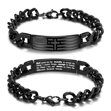 Imagem de Saintda Pulseira masculina com cruz com bandeira americana - Corrente cubana preta de 33,5 cm com versículo da Bíblia, joia masculina religiosa de comprimento ajustável para fé, Medium, Aço inoxidável