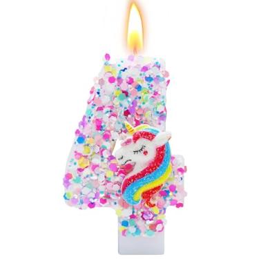 Imagem de woiodora Vela de aniversário número 4 de 7 cm, decorações de aniversário de unicórnio para topo de bolo, material de festa com tema de desenho animado (número 4)