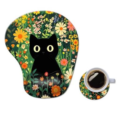 Imagem de Mouse pad ergonômico com descanso de pulso, tapete de mouse de gel de computador confortável suporte de pulso para laptop, mouse para alívio da dor com base de PU antiderrapante gato floral