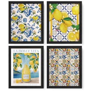 Imagem de JXREQ Conjunto de 4 impressões de arte de parede vintage Lemon Italy Kitchen Posters, Limoncello Floral Limoncello Italiano, Mediterrâneo, para cozinha, sala de jantar, casa, 20 x 25 cm, sem moldura