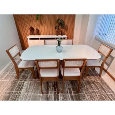 Imagem de Kit Mesa Oval 6 Cadeiras de Jantar Tela no Encosto 100% MDF Branco Beg