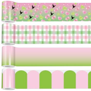 Imagem de Fuutreo Bordas de quadro de avisos autoadesivos de 10 metros papel colorido longo quadro de avisos adesivo decorativo para escritório parede festa janelas educacionais (rosa e verde)