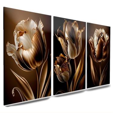Imagem de Quadros Decorativos Flor Tulipa Dourada e Branca 3 Peças Mosaico Sala Quarto Escritório (05, Tamanho 20x30 Centímetros)