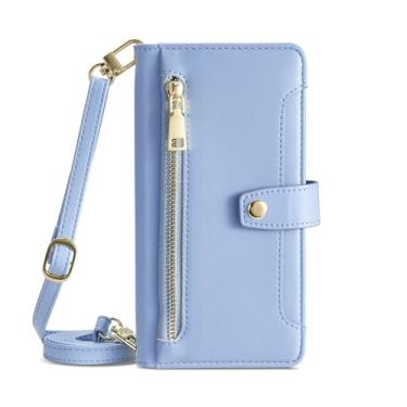 Imagem de LYJSMGZ Capa de couro transversal para iPhone 16E, alça de ombro longa, carteira flip fólio, capa de telefone TPU macio, proteção interna contra choque, azul, 16E