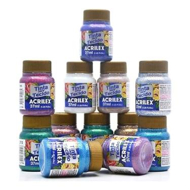 Imagem de Kit com 12 Tintas para Tecido com Glitter Acrilex 37ml – Brilho Intenso, Alta Cobertura e Fixação a Frio para Suas Criações customização de roupas, acessórios, peças decorativas e projetos artísticos em geral.