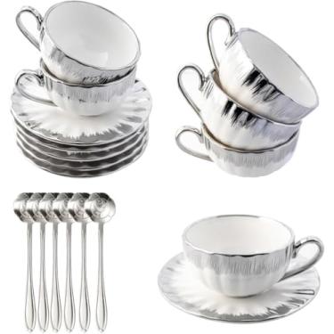 Imagem de CHANJOON Conjunto de 6 colheres de chá, 170 g com borda de ouro galvanizado e caixa de presente, xícara de café inglês branco de cerâmica (prata, grande)