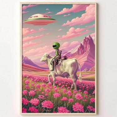Imagem de Arte de parede retrô Ufo Abduction Alien Cow Print Pink Flower Landscape Painting Vintage Wildflower Field Wall Art Trippy Spaceship Poster Funny Altered Art Trendy Aesthetic Ufo Canvas 40 x 61 cm sem