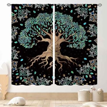 Imagem de Cortinas Árvore da Vida, Folhas Verdes Hippie Vida Árvore Vikings Celta Nórdica Estética Mitologia Estética Cortinas Tratamentos para Quarto Sala de Estar Banheiro 2 Painéis, 107 cm x 114 cm