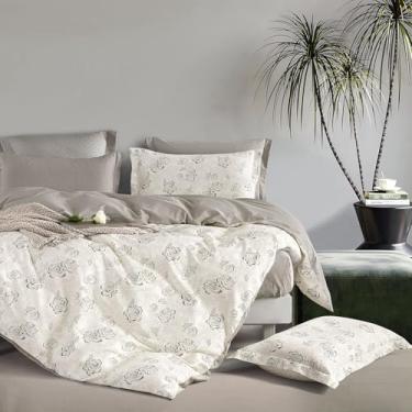 Imagem de LEMIROE Edredom vintage botânico de algodão king size 3 peças - elegante desenho floral em branco marfim com espinha de peixe marrom reverso - conjunto de edredom leve reversível com enchimento macio