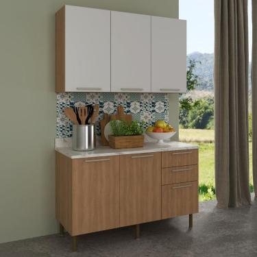 Imagem de Cozinha Compacta Com Armário E Balcão Com Tampo 120cm Multimóveis Cr20447 Freijó/branco/mármore Branco