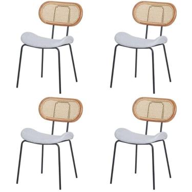 Imagem de Kit 4 Cadeiras Toscana Fratini Estrutura Aço Preto Encosto Madeira Tela Rattan Assento Tecido Cinza