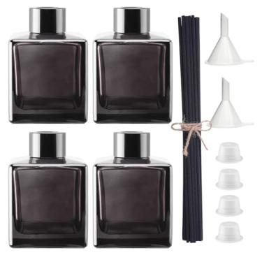 Imagem de Agidea 4 frascos difusores de vidro vazios, conjunto de fragrâncias recarregáveis cinza antracite de 150 ml com 20 palitos de palheta, tampas pretas e rolhas e funis para óleo essencial faça você