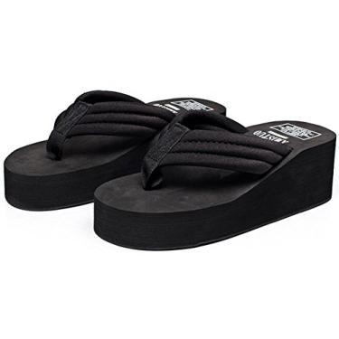 Imagem de QZUnique sandália feminina salto alto plataforma plataforma anabela chinelos sandálias de praia chinelo fashion verão tanga, A- 2.2"heels Black, 5-5.5