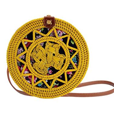 Imagem de SHAREYOIU Candy Colors Bolsas de ombro redondas de vime feitas à mão, estilo praia tropical natural chique com alça de couro, Nº 3 amarelo sol, Big，7.87x 3.2 inch
