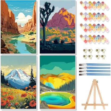 Imagem de Pacote com 4 kits de pintura por números para adultos - cavalete de madeira, pintura do parque nacional por números com moldura, kits de pintura de paisagem adulto por números em tela, pintura a óleo
