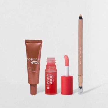 Imagem de Kit Lápis para Olhos Bege + Lip Oil Rosa + Blush Líquido Coral 4you (3