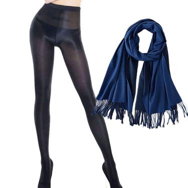 Imagem de Kit Meia Calça 70D Anticelulite Brilhante Cintura Alta Preta 44/46 + Lenço Pashmina Azul Marinho Grosso = 2 Produtos