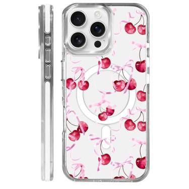 Imagem de CARLOCA Capa magnética para iPhone 15 Pro Max, padrão de laço cereja rosa compatível com carregamento sem fio MagSafe, capa protetora à prova de choque, branco transparente