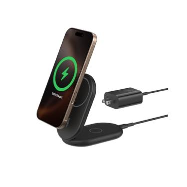 Imagem de Belkin Carregador MagSafe compatível, BoostCharge Suporte magnético dobrável sem fio 15W - Carregador sem fio certificado Qi2 para iPhone 15, 14 e 13 séries, pronto para modo standy, PSU incluído -