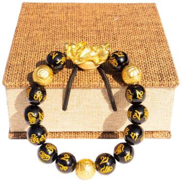 Imagem de Pulseira biuufish Feng Shui banhada a ouro 24K PiXu Obsidian 12mm
