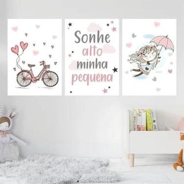 Imagem de Kit 3 Quadros Quarto Infantil Menina 24X18Cm Madeira Branca - Quadros 