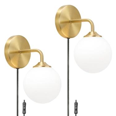 Imagem de DSMJFU Arandela De Parede Estilo Plug-In Dourado Meados Do Século, Luminária Com Cabo Plug-In, Abajur Vidro Globo Branco Leitoso, Conjunto 2 Luminárias Art Déco Para Quarto, Sala Estar E Corredor