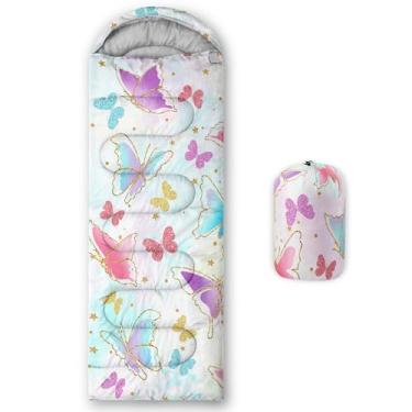 Imagem de AILONEN Sacos de dormir para meninas, borboletas, para acampamento, leve e impermeável, 3 estações, clima quente e frio, sacos de dormir coloridos para crianças, mulheres, viagens, atividades ao ar