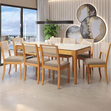 Imagem de Mesa de Jantar 8 Lugares Loane com Vidro Madeira Maciça Off White/Marrom Claro - Kappesberg