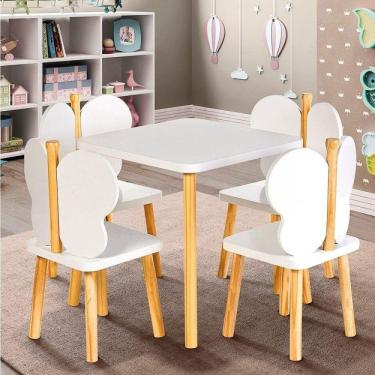 Imagem de Conjunto Infantil Mesa com 4 Cadeiras Hora de Brincar Divicar Móveis Branco/Pinus