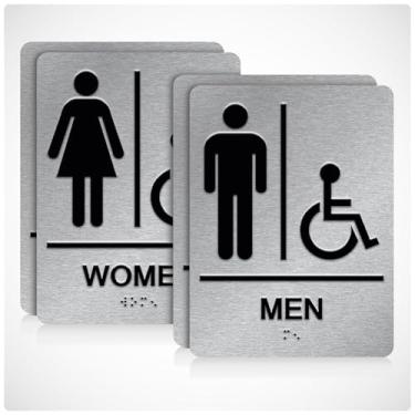 Imagem de DALLAHASEE Placa de banheiro ADA Braille Handicap com fita dupla face 3M - Placas de banheiro masculinas e femininas de alumínio para deficientes, 15 x 20 cm para escritórios, empresas e restaurantes