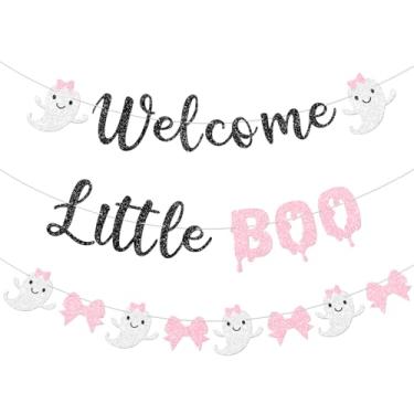 Imagem de Vofrise Faixa rosa Welcome Little Boo Baby Shower Banner Glitter Pink Bow Ghost Banner Guirlanda para meninas Halloween chá de bebê decorações suprimentos