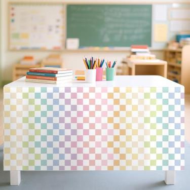 Imagem de Saia de mesa quadriculada de 2,5 m, saias de mesa para professores, decorações de sala de aula, colorida, retangular, redonda, para artigos de festa de volta às aulas, jardim de infância, pré-escola