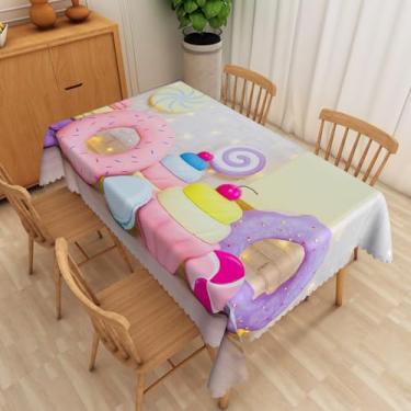 Imagem de SIEDYCV Toalha de mesa sobremesa Donut 132 x 182 cm parede de tijolo branco rosa e roxo pirulito xícara de bolo padrão de donut toalha de mesa de tecido poliéster à prova de óleo reutilizável