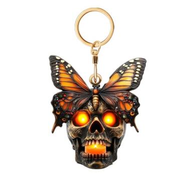Imagem de Chaveiro com suporte de caveira de Halloween compatível com Air Tags, cartões de acesso, rastreadores GPS, capa protetora de rastreador de borboleta, protetor de couro antiarranhões