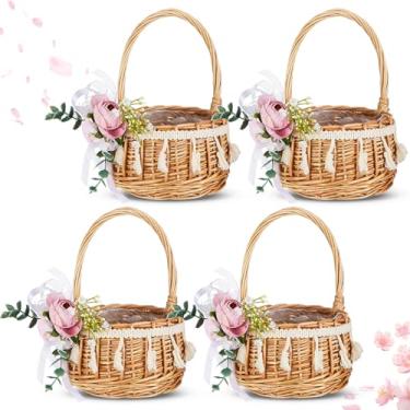 Imagem de Thyle 4 peças de cesta de flores de vime rústico para casamento, pequena cesta de armazenamento floral de vime rústico com flores artificiais decorativas e alça para decoração de aniversário de