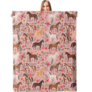 Imagem de Cobertor floral de cavalo charmoso, macio, leve, quente, de flanela, 152 cm x 127 cm, colorido para sofá, viagem, cama, ao ar livre, presentes para mulheres, crianças, adolescentes, adultos e meninas